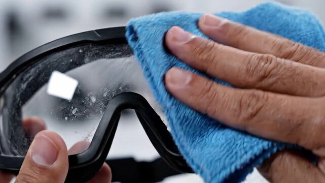 maintenance technical safety optimization concept. Cleaning fogged safety goggles with a cloth.