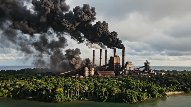 Industrial plant amid lush greenery belches dark smoke into the cloudy sky, polluting the environment