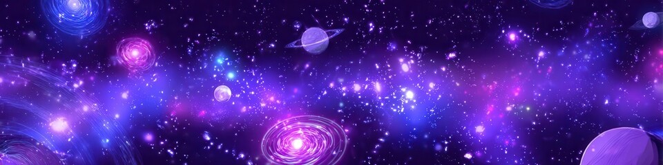 Cosmic Galaxy Banner Spirals, Planets, and Brilliant Stars