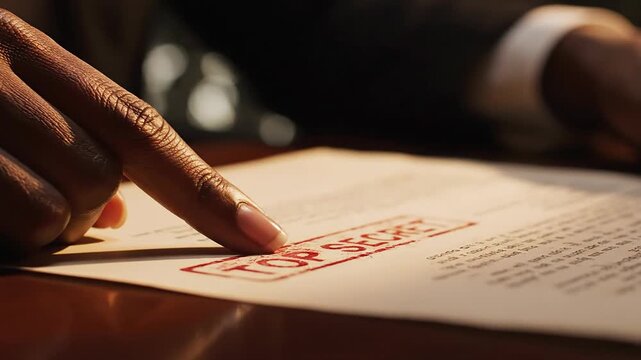 Finger pointing at top secret document, confidential information, espionage, classified data