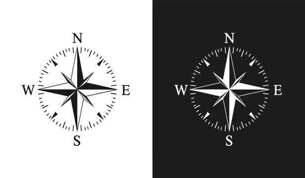 Two compasses in black and white and black backgrounds for navigation and direction