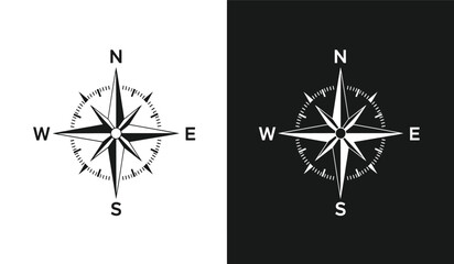 Black and white compass rose navigation symbol and black backgrounds for design and mapping purposes with direction indicators © ARSM D