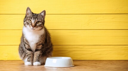 beautiful cat sitting on the floor with an empty white food bowl in front