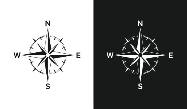 Black and white compass rose navigation symbol and black backgrounds for design and mapping purposes with direction indicators