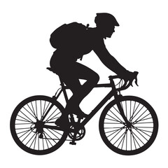 Naklejka premium Cyclist Silhouette in Dynamic Pose with Backpack on Road Bike in Black Silhouette on White Background for Sports Illustration