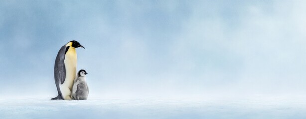 Obraz premium emperor penguin with its chick on the snow, isolated against a pastel blue background