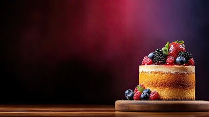 Berry Topped Cake on Wooden Board