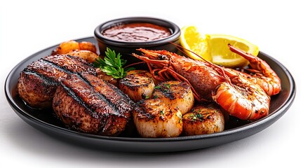Grilled seafood and steak with dipping sauce