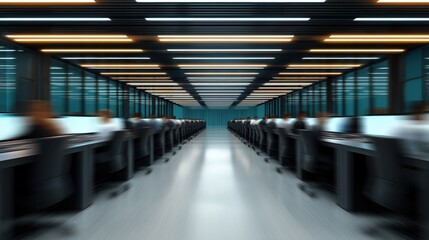Obraz premium Long corridor of a modern, organized call center office with blurred people working at desks, representing productivity and technology