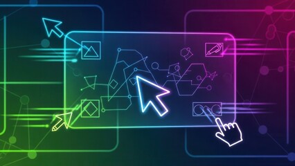 Vibrant Digital Interface with Interactive Elements and Neon Glow Representing Innovation and