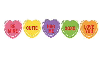 Colorful conversation hearts with cute messages on for valentines day or love themed designs and expressions