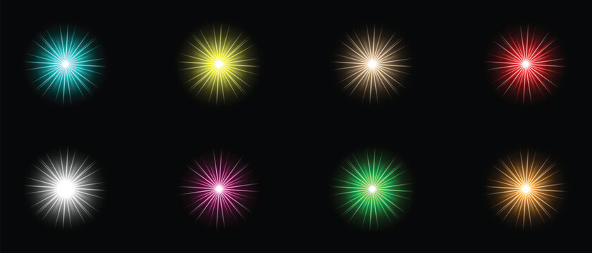 Collection of vibrant colorful light flares and glowing bright star bursts, shimmering sparkles, radiant lens flares, neon circular halos, luminous beams   vector illumination