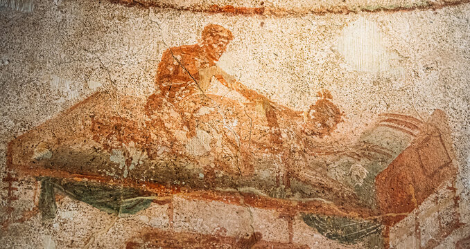 Pompeii, Italy. Fresco Sex Scene On Wall Of Lupanar Of Pompeii