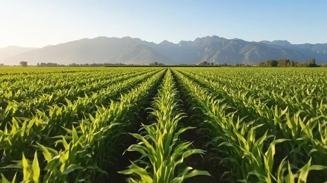 Green cornfield with rows of young corn plants stretching towards distant mountains in a sunny rural landscape.