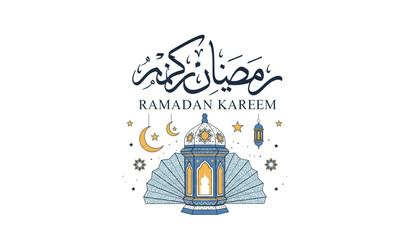 Obraz premium Ramadan Kareem Islamic Greeting Design with Arabic Calligraphy and Lantern