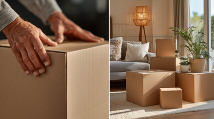 Fototapeta premium A premium dual-layout lifestyle photo showing a close-up of hands sealing a cardboard box and a bright living room filled with packed boxes, ready for moving into a new home.