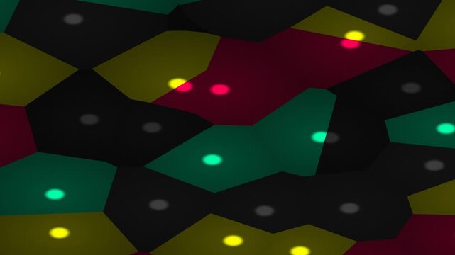 Abstract geometric pattern with irregular polygons and glowing colored dots.