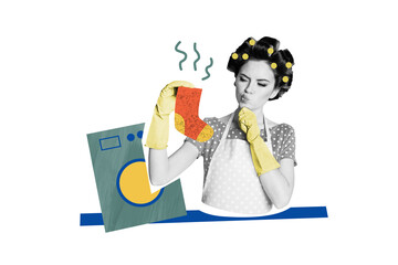 Obraz premium Composite photo collage of minded housemaid girl hold stinky sock dirty clothes laundry day washing machine isolated on painted background