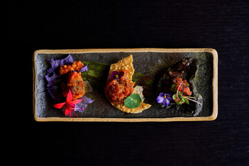 Assorted Salmon and Tuna Tartare Appetizers on Crispy Chips