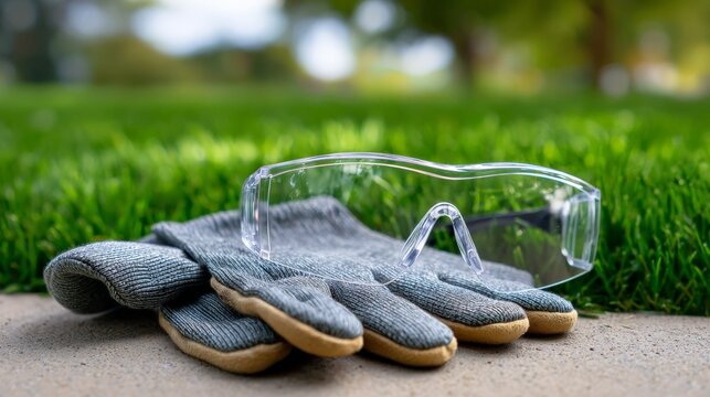 Garden safety equipment: protective gloves and goggles on concrete path