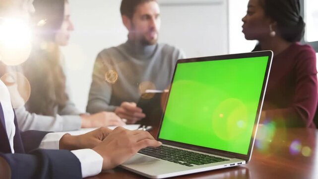 Green Screen laptop computer set in front of workgroup scene 2 with distortion, overlay, glitch, static noise, scan lines on black background, 4k animated video loop