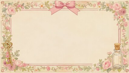 花と鍵が彩る上品なリボン装飾フレーム 背景素材