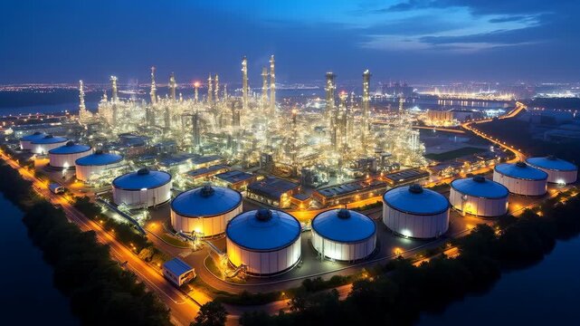 Oil refinery plant from industry zone,Oil refinery at twilight,Aerial view of Oil and gas industry, industry factory concept and transportation, Refinery factory and oil storage tank 