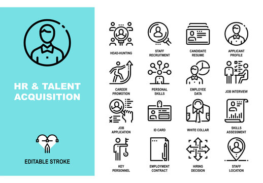 Vector set of HR and talent acquisition line icons. This collection includes recruitment, hiring, and career symbols designed on a pixel perfect 48x48 size grid. Fully editable and easy to use