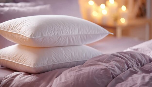 lilac fluffy pillows with subtle texture propped against lilac purple bedding on cozy bed, wooden nightstand visible on left with white baby's breath flowers in vase and glowing candles creating war