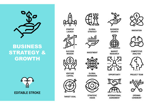 Vector set of business strategy and growth line icons. Each icon is designed on a pixel perfect 48X48 size grid with adjustable strokes. Professional icons for startup, planning and success
