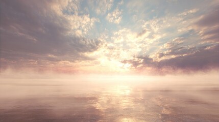 Obraz premium Dramatic skyscape with fog over calm water reflecting the golden sunlight