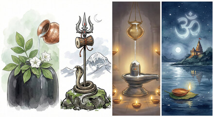 Traditional Watercolor Illustrations of Maha Shivaratri Symbols, Rituals, and Temple Scenes