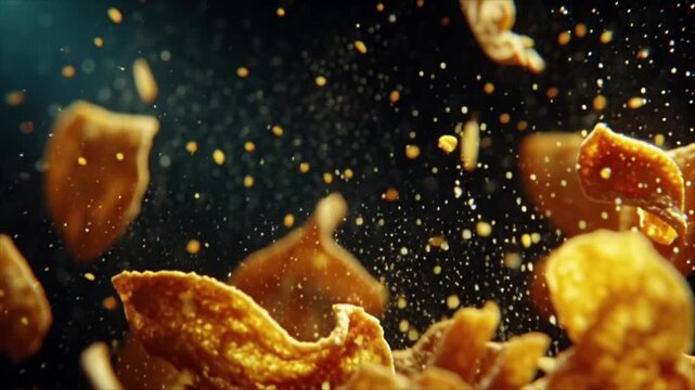 Crunchy potato chips exploding in mid-air with fragments flying everywhere in a dark environment from a close-up viewpoint
