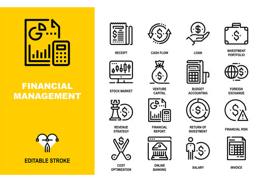 Vector set of financial management line icons. This collection includes accounting, banking and investment symbols on a pixel perfect 48X48 size grid. Fully editable and easy to use