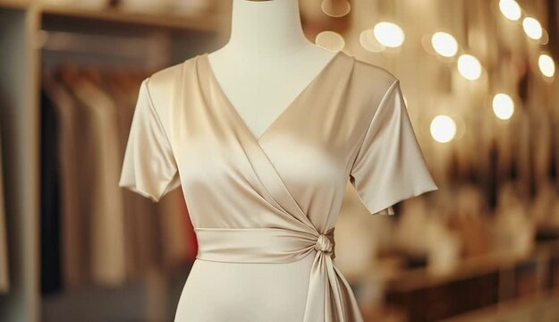 elegant champagne silk wrap dress on white mannequin torso, short sleeves, V-neck with draped crossover bodice, gathered side tie detail at waist, luxurious satin fabric with soft sheen