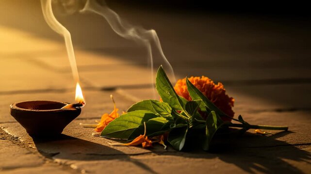 Diwali Celebration Still Life with Clay Diya Lamp, Marigold Flower, and Tulsi Leaves in Golden Hour Lighting