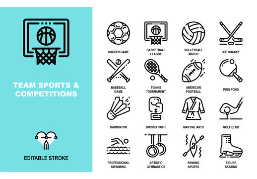 Vector set of team sports and competitions line icons. Each icon is designed on a pixel perfect 48X48 size grid with adjustable strokes. Professional symbols for athletics, games and tournaments