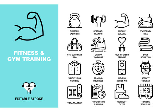 Vector set of fitness and gym training line icons. This collection features workout, exercise and muscle building symbols on a pixel perfect 48X48 size grid. Fully editable and easy to use