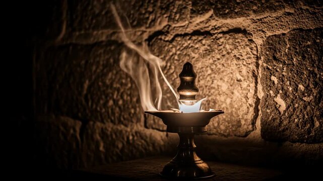 Earthen Diya Oil Lamp with Smoke Against Ancient Stone Wall for Indian Festival Celebrations
