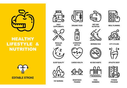 Vector set of healthy lifestyle and nutrition line icons. Each icon is designed on a pixel perfect 48X48 size grid with adjustable strokes. Professional symbols for diet, wellness and fitness