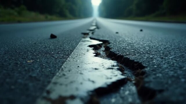 Distressed paved road with damaged sections and peeling asphalt, safety concerns for vehicles and pedestrians 
