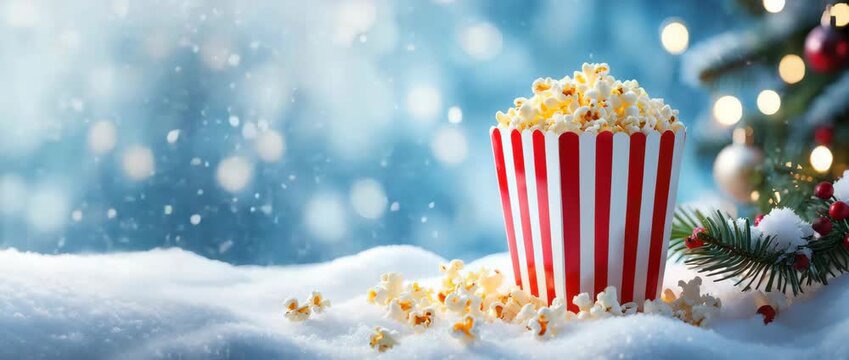 Red and white popcorn box in snowy winter scene with Christmas tree in the background, holiday banner theme with copy space, festive food, winter wonderland, cozy celebration atmosphere