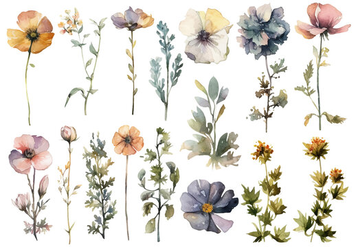Vector watercolor painted style - flowers clipart isolated on white background.