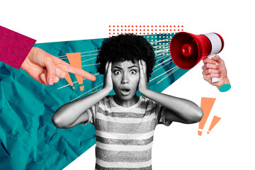 Composite photo collage of shocked american girl shut ears fake bullying promote hand point blame...