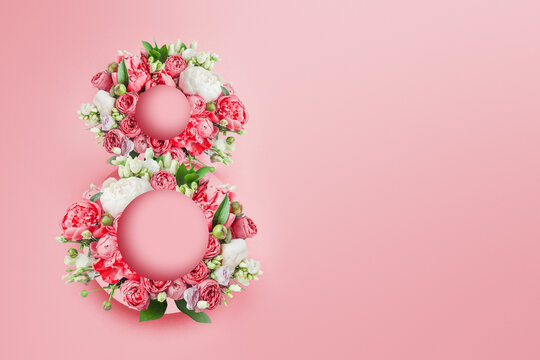 8 march womans day number 8 bouquet of peonies flowers isolated on paper pink background