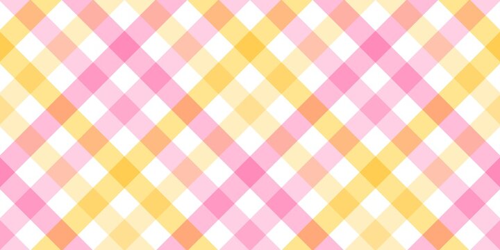 Argyle gingham seamless pattern with playful blend of pink, orange, yellow, and white checks. A cheerful, geometric tablecloth texture perfect for spring, summer, and picnic themes.