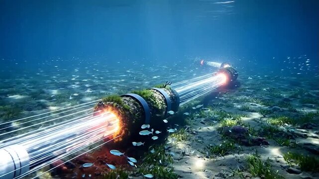 Underwater pipeline with glowing sections on ocean floor.