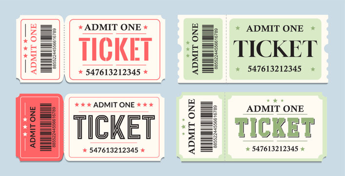 Vintage ticket set with barcode and serial numbers. Retro admit one coupons for cinema, theater, or concert. Vector illustration in red and green colors, isolated on background.