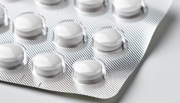 A blister pack of white round pills on white background, 10 tablets arranged in 2 rows of 5, silver metallic foil backing with diagonal crosshatch pattern
