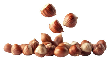 Obraz premium Hazelnuts falling in group or flying isolated on transparent background shot